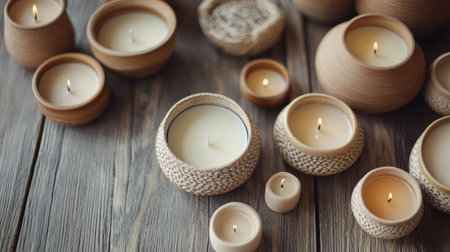 A collection of handmade soy wax candles in natural, earthy tones, arranged on a rustic wooden table for a warm, inviting aesthetic.の素材