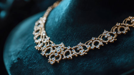 A delicate gold necklace with diamonds and intricate patterns, displayed on a velvet surface, capturing the essence of high-end luxury jewelryの素材