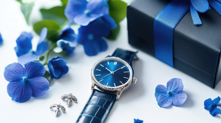 A close-up of men's accessories: a watch, cufflinks, and a gift box with a blue bow, complemented by vibrant blue flowers, arranged on a clean white background.の素材