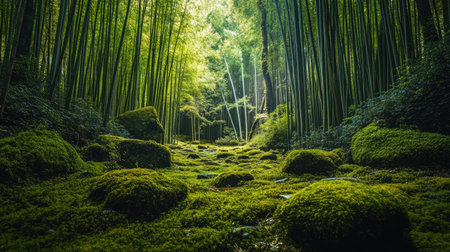 A dense bamboo forest with lush green bamboo stems rising high, surrounded by moss-covered stones and ground. The peaceful ambiance of nature fills the airの素材
