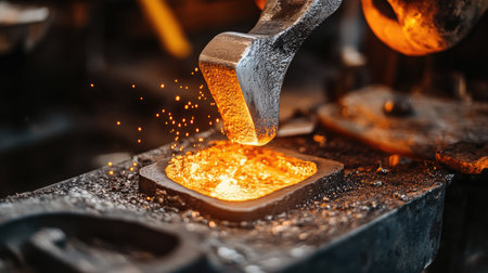 A close-up of silver casting in a jewelry workshop, with molten silver being poured into a mold for a new custom pieceの素材