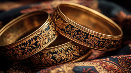 A close-up of intricately designed Indian gold bangles, featuring delicate patterns and traditional motifs, placed on a rich velvet backgroundの素材