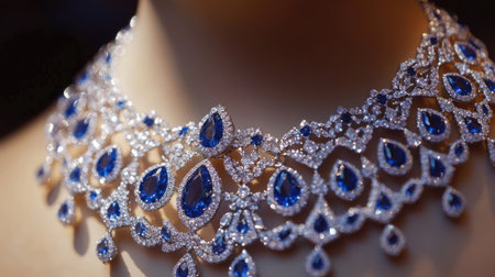 A close-up shot of a diamond necklace adorned with rich blue gemstones, selectively focused to highlight the intricate details of the jewelryの素材