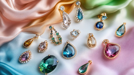 A collection of gemstone earrings, rings, and necklaces displayed elegantly on colored fabric and a white surface. Shiny and vibrant.の素材