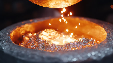 A close-up of silver casting in a jewelry workshop, with molten silver being poured into a mold for a new custom pieceの素材