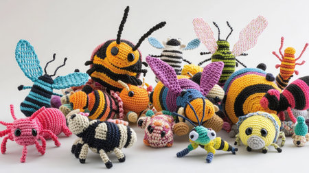 A colorful arrangement of knitted bees, each with unique striped patterns, surrounded by other handmade amigurumi insects in a fun, playful scene.の素材