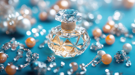 A delicate perfume bottle surrounded by shimmering jewelry pieces on a vibrant blue background, forming a glamorous and chic arrangement.の素材