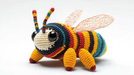 A cute knitted bee, part of a handmade toy set, displayed on a white background. The amigurumi striped insect features intricate stitching and bright colors, perfect for a playful scene.の素材