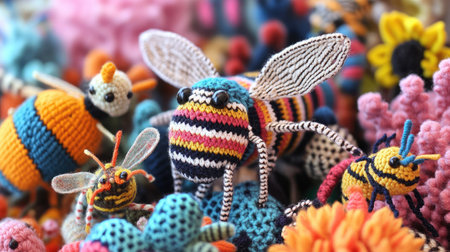A colorful arrangement of knitted bees, each with unique striped patterns, surrounded by other handmade amigurumi insects in a fun, playful scene.の素材