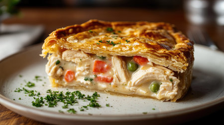 A delicious slice of chicken pot pie, its flaky crust covering a creamy chicken and vegetable filling. A classic home-cooked meal for comfort and satisfactionの素材