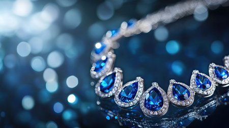 A diamond necklace with delicate blue stones placed on a reflective surface, with selective focus enhancing the shine and deep blue color of the gemsの素材