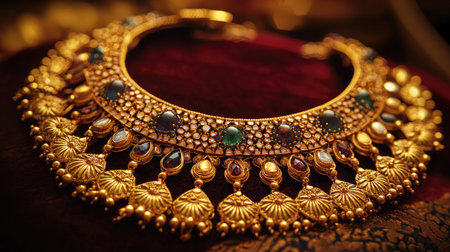 A detailed Indian gold necklace with traditional motifs and precious stones, highlighting its luxury and cultural significance on a rich velvet surfaceの素材