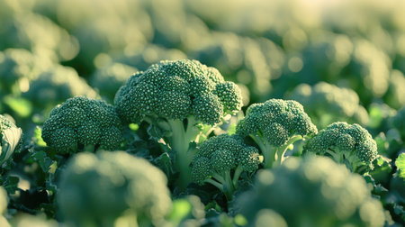 A close-up of broccoli florets in a field, highlighting their rich green color and texture. Broccoli is part of the Brassica oleracea species, alongside cabbage and cauliflowerの素材