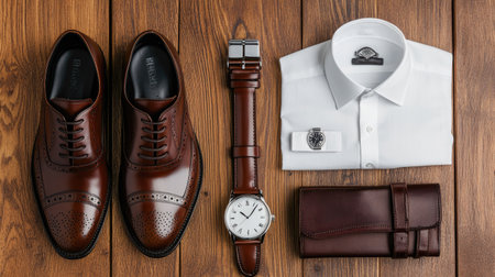 A flat lay of dark brown brogues, a white shirt, cufflinks, leather belt, wallet, and wristwatch, all neatly arranged to create a stylish menaes look.の素材