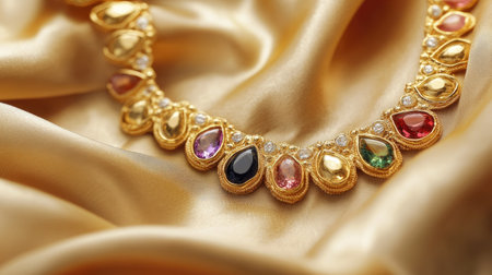 A delicate gold necklace adorned with gemstones, resting on a silk fabric, reflecting its intricate craftsmanship and luxurious appealの素材