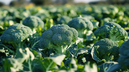 A field of broccoli plants thriving under the sun, their green heads ready for harvest. Broccoli is a Brassica oleracea cultivar, grown alongside cabbage and cauliflowerの素材