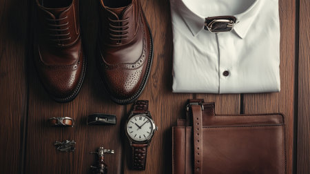 A flat lay of men's accessories: dark brown brogues, white shirt, watch, leather belt, cufflinks, and wallet, creating a refined look for the modern man.の素材
