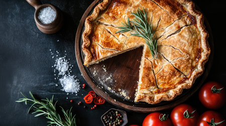 A delicious, home-cooked savory pie with a missing slice, garnished with rosemary sprigs. The table is decorated with salt, pepper, and vibrant tomatoes, creating a rustic food sceneの素材