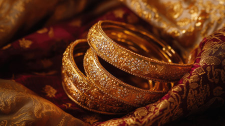 A close-up of intricately designed Indian gold bangles, featuring delicate patterns and traditional motifs, placed on a rich velvet backgroundの素材