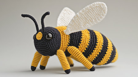 A detailed handmade knitted bee with striped yellow and black patterns, displayed as part of an amigurumi insect toy set on a neutral background.の素材
