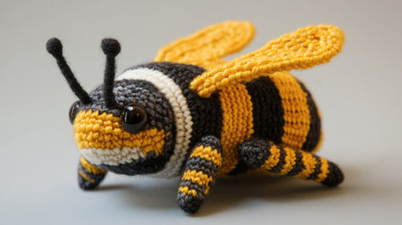A detailed handmade knitted bee with striped yellow and black patterns, displayed as part of an amigurumi insect toy set on a neutral background.の素材