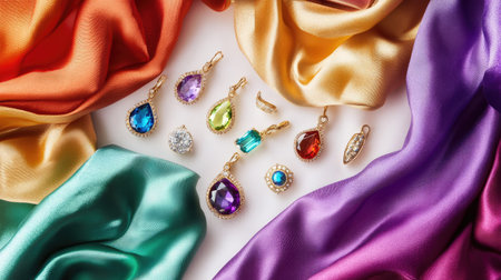 A flat lay of gem jewelry, featuring rings and pendants with vibrant stones, placed on colored fabric and a contrasting white background.の素材