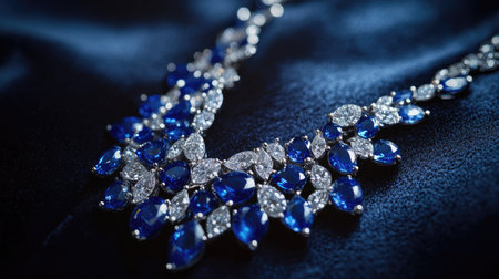 A diamond necklace with sapphire-like gems displayed on a dark velvet background, selective focus emphasizing the deep blue hues and clarity of the stonesの素材