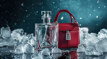 A glass perfume bottle and a red gift box surrounded by pieces of ice, with a fashionable bag adding a touch of luxury and sophistication to the composition.の素材