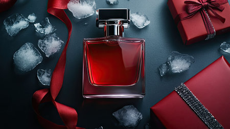 A fragrant perfume bottle next to a red gift box and pieces of ice, with a trendy bag adding an element of luxury and style to the composition.の素材