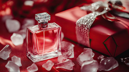 A fragrant glass perfume bottle, nestled beside a red gift box with scattered ice pieces and a fashionable bag, creating a modern and refreshing gift setup.の素材