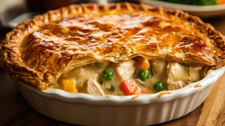 A freshly baked chicken pot pie with its golden, flaky pastry filled with diced chicken, vegetables, and a creamy sauce. A delicious and comforting savory dishの素材