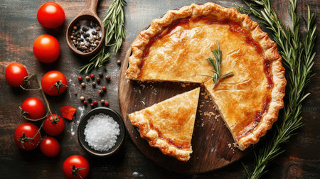 A freshly baked savory pie with a missing slice, rosemary sprigs, salt, pepper, and tomatoes scattered on the table. A rustic home-cooked meal with a focus on health and nutritionの素材