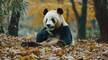 A happy giant panda sits on the ground, chewing green bamboo leaves in a park, surrounded by fallen leaves. The panda looks peaceful and content in its natural environmentの素材