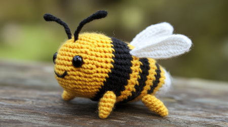 A handmade knitted bee, complete with tiny wings and stripes, part of a whimsical amigurumi toy set featuring other cute insect characters.の素材