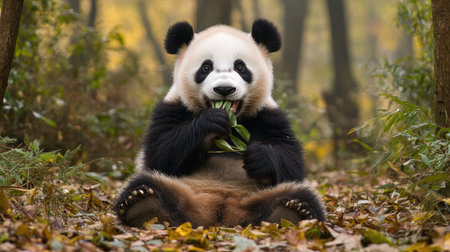 A happy giant panda sits on the ground, chewing green bamboo leaves in a park, surrounded by fallen leaves. The panda looks peaceful and content in its natural environmentの素材