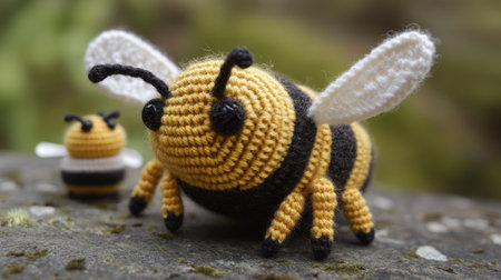 A handmade knitted bee, complete with tiny wings and stripes, part of a whimsical amigurumi toy set featuring other cute insect characters.の素材