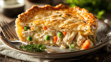 A hearty slice of chicken pot pie on a plate, revealing its rich filling of creamy chicken and vegetables. The flaky pastry crust adds a delicious crunchの素材