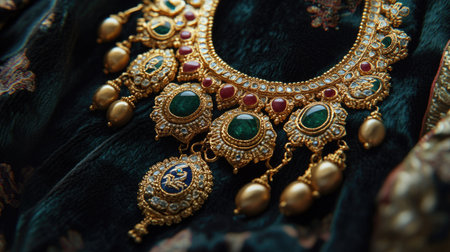 A gold necklace featuring traditional Indian designs, with gemstone embellishments, artfully displayed on a velvet background, evoking luxury and craftsmanshipの素材