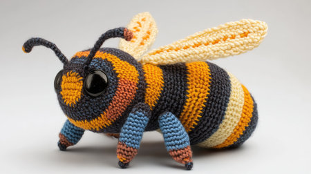 A handmade knitted bee, part of a larger amigurumi insect toy set, displayed on a neutral background, showcasing the intricate stitching and vibrant colors.の素材