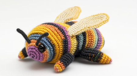 A handmade knitted bee, part of a larger amigurumi insect toy set, displayed on a neutral background, showcasing the intricate stitching and vibrant colors.の素材