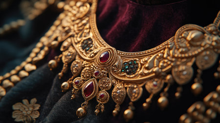 A gold necklace featuring traditional Indian designs, with gemstone embellishments, artfully displayed on a velvet background, evoking luxury and craftsmanshipの素材