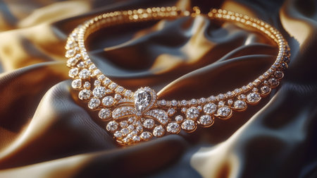 A high-end gold necklace adorned with diamonds, carefully placed on a satin fabric, capturing the timeless beauty of luxury jewelryの素材