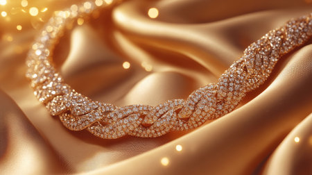 A high-end gold necklace with fine detailing, resting on a satin fabric, with sparkling diamonds and a soft, luxurious ambianceの素材