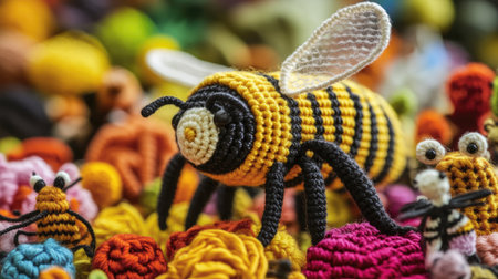 A knitted bee, part of a handmade toy set, with detailed yellow and black stripes, placed among other amigurumi insects in a fun, vibrant display.の素材