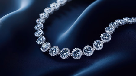 A high-angle view of a sparkling diamond necklace on a navy blue background, with the cool tones enhancing the elegance of the luxurious pieceの素材