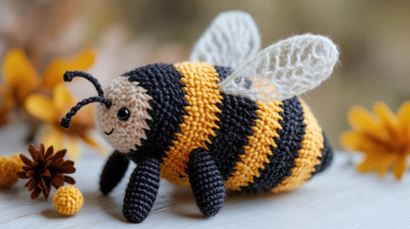 A knitted bee with striped yellow and black patterns, part of an adorable handmade amigurumi toy set, displayed on a minimalist background.の素材