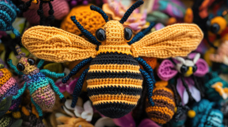 A knitted bee, part of a handmade toy set, with detailed yellow and black stripes, placed among other amigurumi insects in a fun, vibrant display.の素材