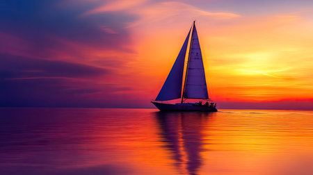 A large sailboat sails across calm waters at sunset, the sky a mixture of warm oranges, purples, and reds, with the boat silhouetted against the light.の素材