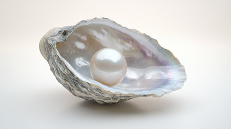 A lustrous natural pearl cradled by an oyster's mother-of-pearl interior, with a clean white background, showcasing the beauty of nature's jewels.の素材