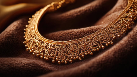 A luxurious gold necklace with intricate filigree work, resting on a soft velvet surface, capturing the brilliance and elegance of fine jewelryの素材